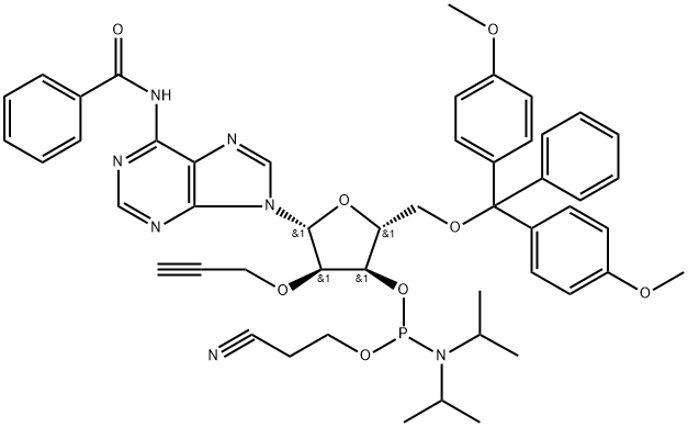 N4-Benzoyl-5'-O-(4,4'-dimethoxytrityl)-2'-O-propargyladenosine-3'-O-[(2-cyanoethyl)-(N,N-diisopropyl)]phosphoramidite Struktur