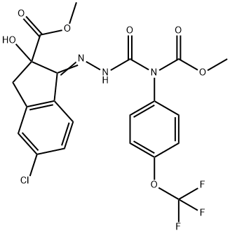 1H-Indene-2-carboxylic acid, 5-chloro-2,3-dihydro-2-hydroxy-1-[2-[[(methoxycarbonyl)[4-(trifluoromethoxy)phenyl]amino]carbonyl]hydrazinylidene]-, methyl ester Struktur