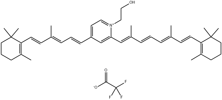 Pyridinium, 2-[(1E,3E,5E,7E)-2,6-dimethyl-8-(2,6,6-trimethyl-1-cyclohexen-1-yl)-1,3,5,7-octatetraen-1-yl]-1-(2-hydroxyethyl)-4-[(1E,3E,5E)-4-methyl-6-(2,6,6-trimethyl-1-cyclohexen-1-yl)-1,3,5-hexatrien-1-yl]-, 2,2,2-trifluoroacetate (1:1) Struktur