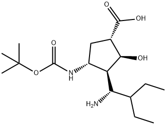 Cyclopentanecarboxylic acid, 3-[(1S)-1-amino-2-ethylbutyl]-4-[[(1,1-dimethylethoxy)carbonyl]amino]-2-hydroxy-, (1S,2S,3S,4R)- Struktur