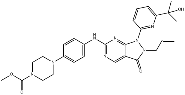 1-Piperazinecarboxylic acid, 4-[4-[[2,3-dihydro-1-[6-(1-hydroxy-1-methylethyl)-2-pyridinyl]-3-oxo-2-(2-propen-1-yl)-1H-pyrazolo[3,4-d]pyrimidin-6-yl]amino]phenyl]-, methyl ester Struktur