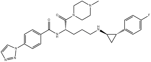 Benzamide, N-[(1S)-4-[[(1R,2S)-2-(4-fluorophenyl)cyclopropyl]amino]-1-[(4-methyl-1-piperazinyl)carbonyl]butyl]-4-(1H-1,2,3-triazol-1-yl)- Struktur