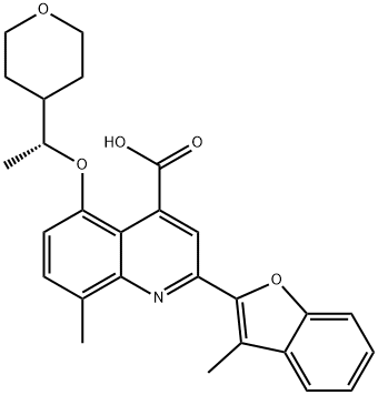 4-Quinolinecarboxylic acid, 8-methyl-2-(3-methyl-2-benzofuranyl)-5-[(1R)-1-(tetrahydro-2H-pyran-4-yl)ethoxy]- Struktur