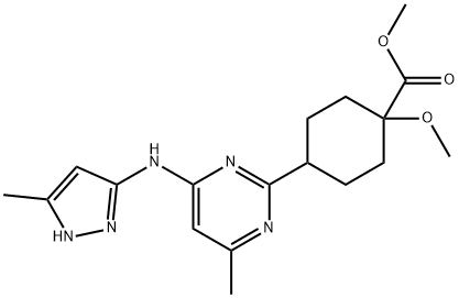 Cyclohexanecarboxylic acid, 1-methoxy-4-[4-methyl-6-[(5-methyl-1H-pyrazol-3-yl)amino]-2-pyrimidinyl]-, methyl ester Struktur