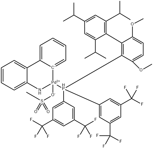 [(2-{Bis[3,5-bis(trifluoromethyl)phenyl]phosphine}-3,6-dimethoxy- 2′,4′,6′- triisopropyl-1,1′-biphenyl )-2-(2′-amino-1,1′-biphenyl)]palladium(II) methanesulfonate Struktur