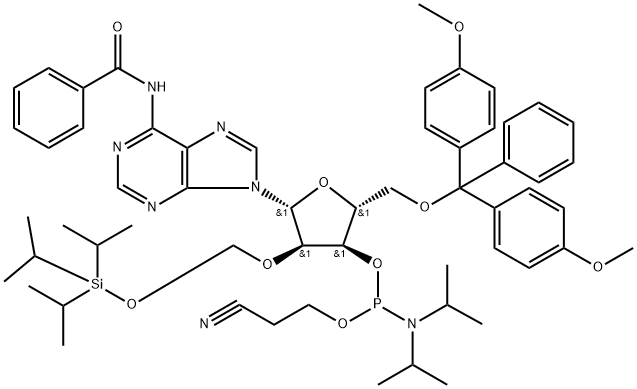 N-Benzoyl-5'-O-DMT-2'-O-[(triisopropylsilyloxy)methyl]-adenosine 3'-CE phosphoramidite Struktur