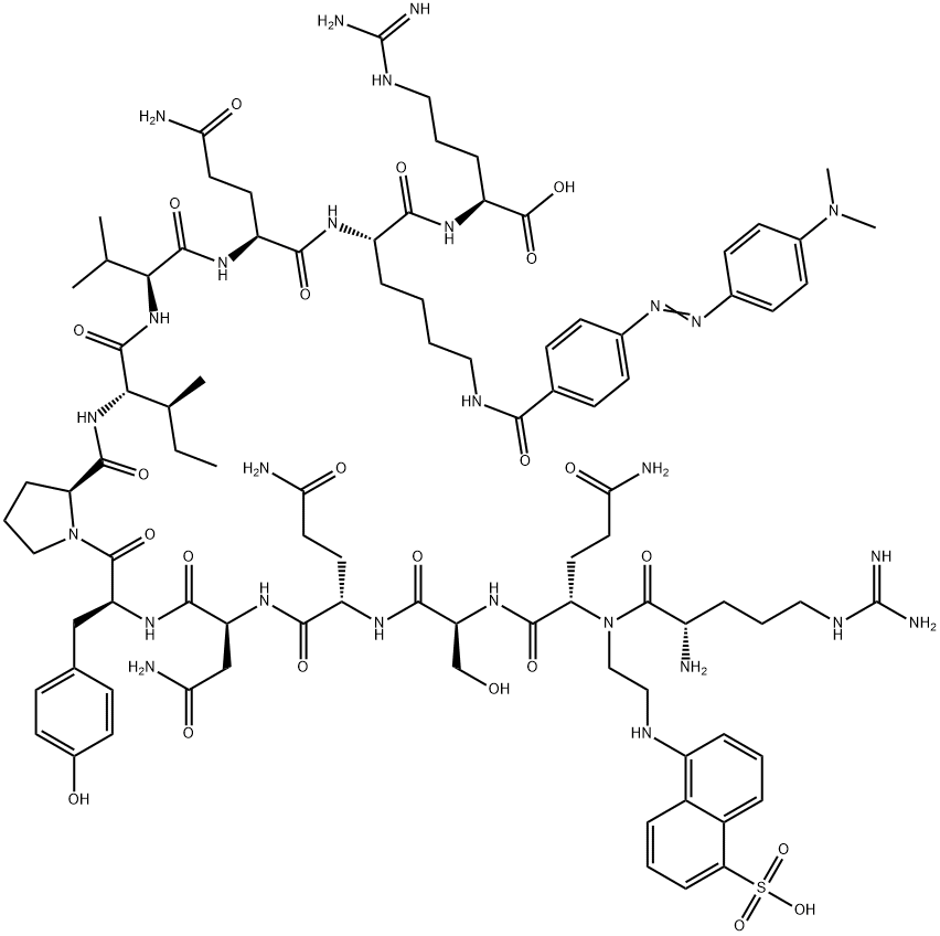 L-Arginine, L-arginyl-N-[2-[(5-sulfo-1-naphthalenyl)amino]ethyl]-L-glutaminyl-L-seryl-L-glutaminyl-L-asparaginyl-L-tyrosyl-L-prolyl-L-isoleucyl-L-valyl-L-glutaminyl-N6-[4-[2-[4-(dimethylamino)phenyl]diazenyl]benzoyl]-L-lysyl- Struktur