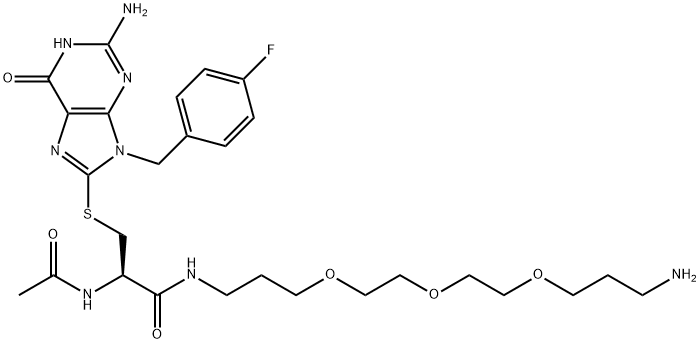 Propanamide, 2-(acetylamino)-3-[[2-amino-9-[(4-fluorophenyl)methyl]-6,9-dihydro-6-oxo-1H-purin-8-yl]thio]-N-[3-[2-[2-(3-aminopropoxy)ethoxy]ethoxy]propyl]-, (2R)- Struktur