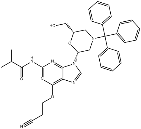 N2-Isobutyryl-O6-cyanoethyl-7'-OH-N-trityl-morpholino guanine Struktur