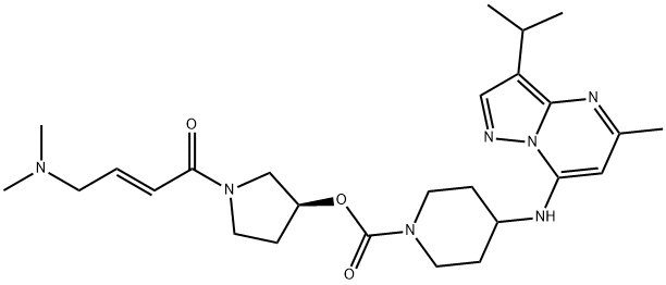 1-?Piperidinecarboxylic acid, 4-?[[5-?methyl-?3-?(1-?methylethyl)?pyrazolo[1,?5-?a]?pyrimidin-?7-?yl]?amino]?-?, (3S)?-?1-?[(2E)?-?4-?(dimethylamino)?-?1-?oxo-?2-?buten-?1-?yl]?-?3-?pyrrolidinyl ester Struktur