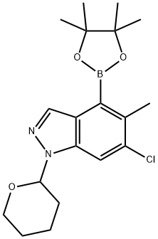 6-Chloro-5-methyl-1-(tetrahydro-pyran-2-yl)-4-(4,4,5,5-tetramethyl-[1,3,2]dioxaborolan-2-yl)-1H-indazole Struktur