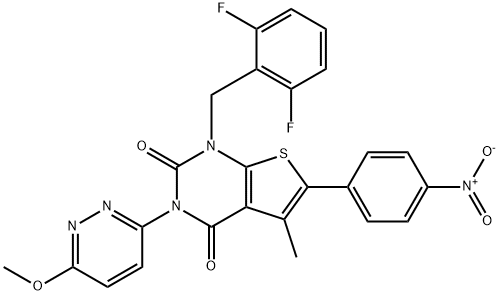 Thieno[2,3-d]pyrimidine-2,4(1H,3H)-dione, 1-[(2,6-difluorophenyl)methyl]-3-(6-methoxy-3-pyridazinyl)-5-methyl-6-(4-nitrophenyl)- Struktur