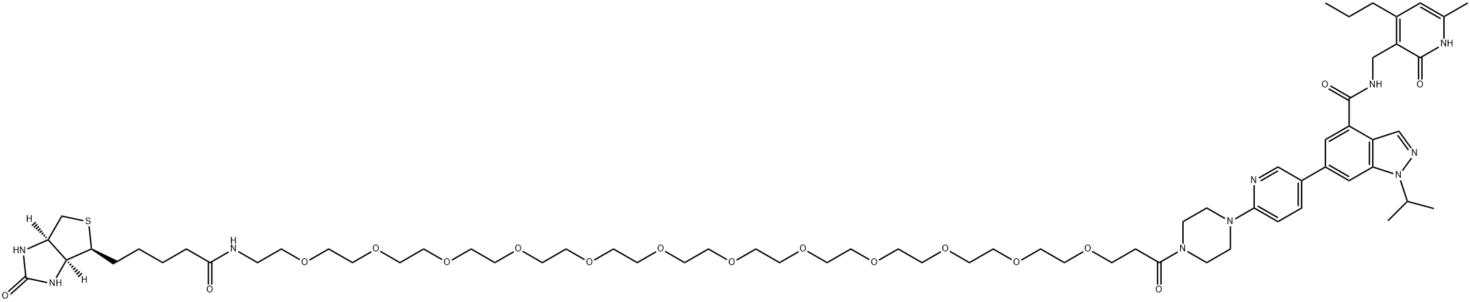 1H-Indazole-4-carboxamide, N-[(1,2-dihydro-6-methyl-2-oxo-4-propyl-3-pyridinyl)methyl]-6-[6-[4-[45-[(3aS,4S,6aR)-hexahydro-2-oxo-1H-thieno[3,4-d]imidazol-4-yl]-1,41-dioxo-4,7,10,13,16,19,22,25,28,31,34,37-dodecaoxa-40-azapentatetracont-1-yl]-1-piperazinyl]-3-pyridinyl]-1-(1-methylethyl)- Struktur