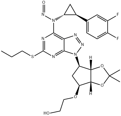 Ethanol, 2-[[(3aR,4S,6R,6aS)-6-[7-[[(1R,2S)-2-(3,4-difluorophenyl)cyclopropyl]nitrosoamino]-5-(propylthio)-3H-1,2,3-triazolo[4,5-d]pyrimidin-3-yl]tetrahydro-2,2-dimethyl-4H-cyclopenta-1,3-dioxol-4-yl]oxy]- Struktur