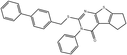 2-phenyl-3-[(4-phenylphenyl)methylsulfanyl]-7,8-dihydro-6H-cyclopenta[2,3]thieno[2,4-b]pyrimidin-1-one Struktur