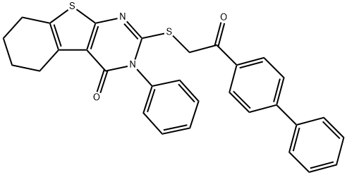 2-[2-oxo-2-(4-phenylphenyl)ethyl]sulfanyl-3-phenyl-5,6,7,8-tetrahydro-[1]benzothiolo[2,3-d]pyrimidin-4-one Struktur