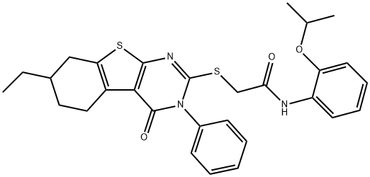 2-[(7-ethyl-4-oxo-3-phenyl-5,6,7,8-tetrahydro-[1]benzothiolo[2,3-d]pyrimidin-2-yl)sulfanyl]-N-(2-propan-2-yloxyphenyl)acetamide Struktur