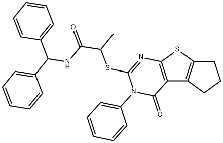 N-benzhydryl-2-[(1-oxo-2-phenyl-7,8-dihydro-6H-cyclopenta[2,3]thieno[2,4-b]pyrimidin-3-yl)sulfanyl]propanamide Struktur