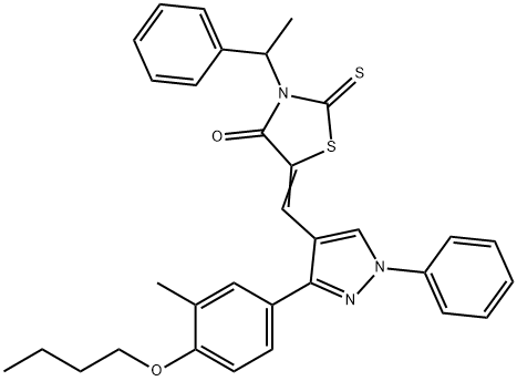 (5Z)-5-[[3-(4-butoxy-3-methylphenyl)-1-phenylpyrazol-4-yl]methylidene]-3-(1-phenylethyl)-2-sulfanylidene-1,3-thiazolidin-4-one Struktur