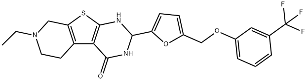 7-ethyl-2-[5-[[3-(trifluoromethyl)phenoxy]methyl]furan-2-yl]-1,2,3,5,6,8-hexahydropyrido[2,3]thieno[2,4-d]pyrimidin-4-one Struktur