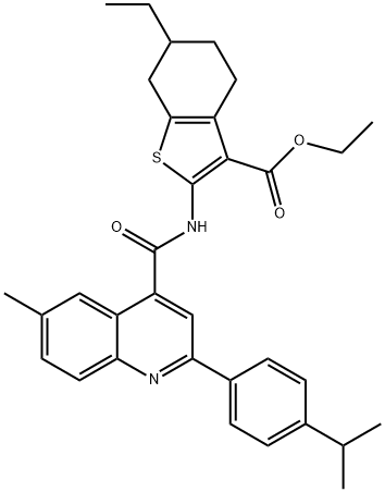 ethyl 6-ethyl-2-(2-(4-isopropylphenyl)-6-methylquinoline-4-carboxamido)-4,5,6,7-tetrahydrobenzo[b]thiophene-3-carboxylate Struktur