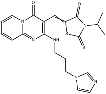 (5Z)-5-[[2-(3-imidazol-1-ylpropylamino)-4-oxopyrido[1,2-a]pyrimidin-3-yl]methylidene]-3-propan-2-yl-2-sulfanylidene-1,3-thiazolidin-4-one Struktur