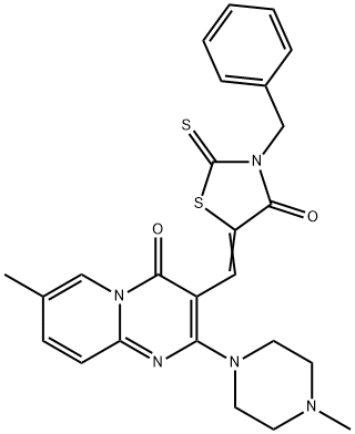 (5Z)-3-benzyl-5-[[7-methyl-2-(4-methylpiperazin-1-yl)-4-oxopyrido[1,2-a]pyrimidin-3-yl]methylidene]-2-sulfanylidene-1,3-thiazolidin-4-one Struktur