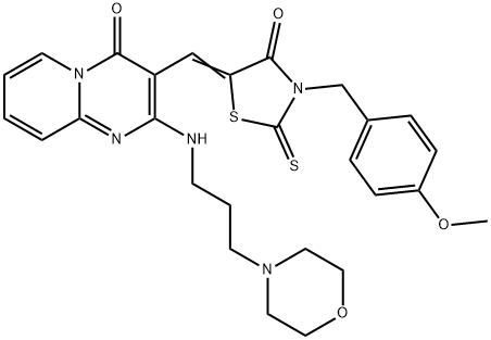 (5Z)-3-[(4-methoxyphenyl)methyl]-5-[[2-(3-morpholin-4-ylpropylamino)-4-oxopyrido[1,2-a]pyrimidin-3-yl]methylidene]-2-sulfanylidene-1,3-thiazolidin-4-one Struktur