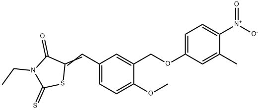 (5Z)-3-ethyl-5-[[4-methoxy-3-[(3-methyl-4-nitrophenoxy)methyl]phenyl]methylidene]-2-sulfanylidene-1,3-thiazolidin-4-one Struktur