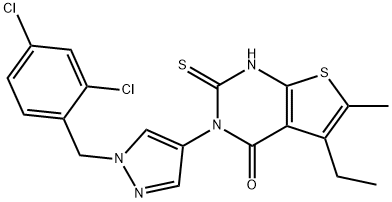 3-[1-[(2,4-dichlorophenyl)methyl]pyrazol-4-yl]-5-ethyl-6-methyl-2-sulfanylidene-1H-thieno[2,3-d]pyrimidin-4-one Struktur