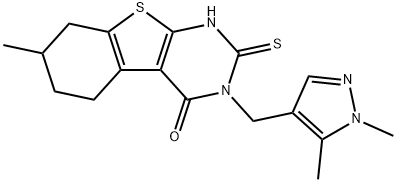 3-[(1,5-dimethylpyrazol-4-yl)methyl]-7-methyl-2-sulfanylidene-5,6,7,8-tetrahydro-1H-[1]benzothiolo[2,3-d]pyrimidin-4-one Struktur