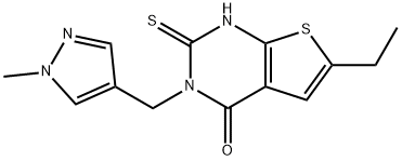 6-ethyl-3-[(1-methylpyrazol-4-yl)methyl]-2-sulfanylidene-1H-thieno[2,3-d]pyrimidin-4-one Struktur