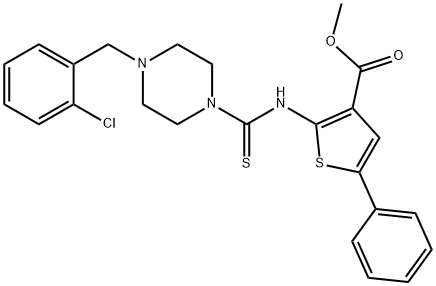 methyl 2-(4-(2-chlorobenzyl)piperazine-1-carbothioamido)-5-phenylthiophene-3-carboxylate Struktur