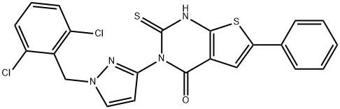 3-[1-[(2,6-dichlorophenyl)methyl]pyrazol-3-yl]-6-phenyl-2-sulfanylidene-1H-thieno[2,3-d]pyrimidin-4-one Struktur