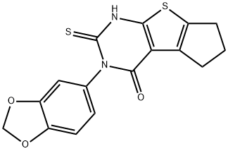 2-(1,3-benzodioxol-5-yl)-3-sulfanylidene-4,6,7,8-tetrahydrocyclopenta[2,3]thieno[2,4-b]pyrimidin-1-one Struktur