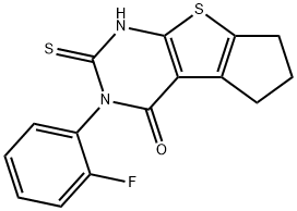 2-(2-fluorophenyl)-3-sulfanylidene-4,6,7,8-tetrahydrocyclopenta[2,3]thieno[2,4-b]pyrimidin-1-one Struktur