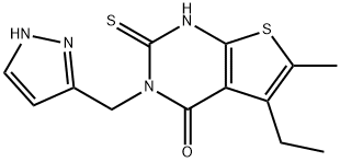 5-ethyl-6-methyl-3-(1H-pyrazol-5-ylmethyl)-2-sulfanylidene-1H-thieno[2,3-d]pyrimidin-4-one Struktur