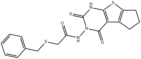 2-benzylsulfanyl-N-(1-oxo-3-sulfanylidene-4,6,7,8-tetrahydrocyclopenta[2,3]thieno[2,4-b]pyrimidin-2-yl)acetamide Struktur