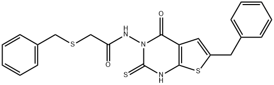 N-(6-benzyl-4-oxo-2-sulfanylidene-1H-thieno[2,3-d]pyrimidin-3-yl)-2-benzylsulfanylacetamide Struktur