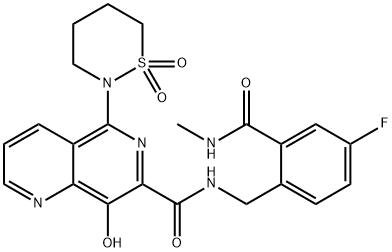 5-(1,1-Dioxido-1,2-thiazinan-2-yl)-N-[4-fluoro-2-(methylcarbamoyl)benzyl]-8-hydroxy-1,6-naphthyridine-7-carboxamide Struktur