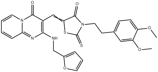 (5Z)-3-[2-(3,4-dimethoxyphenyl)ethyl]-5-[[2-(furan-2-ylmethylamino)-4-oxopyrido[1,2-a]pyrimidin-3-yl]methylidene]-2-sulfanylidene-1,3-thiazolidin-4-one Struktur