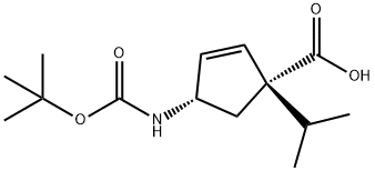 2-Cyclopentene-1-carboxylic acid, 4-[[(1,1-dimethylethoxy)carbonyl]amino]-1-(1-methylethyl)-, (1S,4S)- Struktur