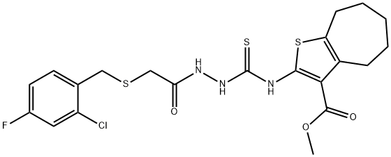 methyl 2-(2-(2-((2-chloro-4-fluorobenzyl)thio)acetyl)hydrazinecarbothioamido)-5,6,7,8-tetrahydro-4H-cyclohepta[b]thiophene-3-carboxylate Struktur