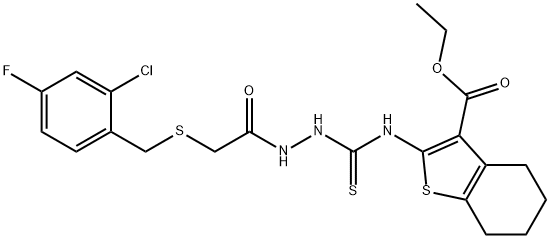 ethyl 2-(2-(2-((2-chloro-4-fluorobenzyl)thio)acetyl)hydrazinecarbothioamido)-4,5,6,7-tetrahydrobenzo[b]thiophene-3-carboxylate Struktur