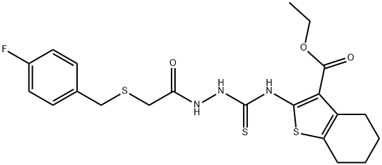 ethyl 2-(2-(2-((4-fluorobenzyl)thio)acetyl)hydrazinecarbothioamido)-4,5,6,7-tetrahydrobenzo[b]thiophene-3-carboxylate Struktur