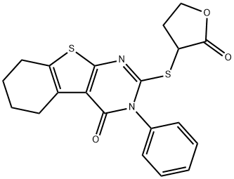 2-(2-oxooxolan-3-yl)sulfanyl-3-phenyl-5,6,7,8-tetrahydro-[1]benzothiolo[2,3-d]pyrimidin-4-one Struktur