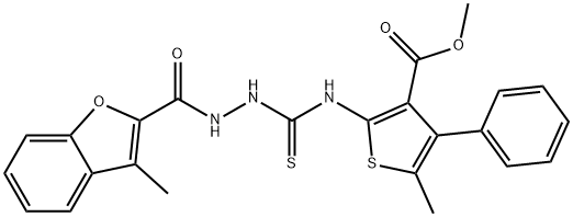 methyl 5-methyl-2-(2-(3-methylbenzofuran-2-carbonyl)hydrazinecarbothioamido)-4-phenylthiophene-3-carboxylate Struktur