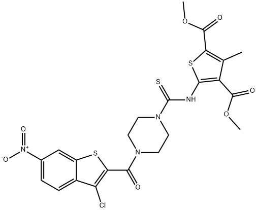 dimethyl 5-(4-(3-chloro-6-nitrobenzo[b]thiophene-2-carbonyl)piperazine-1-carbothioamido)-3-methylthiophene-2,4-dicarboxylate Struktur