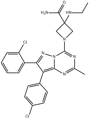 3-Azetidinecarboxamide, 1-[7-(2-chlorophenyl)-8-(4-chlorophenyl)-2-methylpyrazolo[1,5-a]-1,3,5-triazin-4-yl]-3-(ethylamino)- Struktur