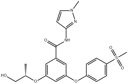 Benzamide, 3-[(1S)-2-hydroxy-1-methylethoxy]-N-(1-methyl-1H-pyrazol-3-yl)-5-[4-(methylsulfonyl)phenoxy]- Struktur